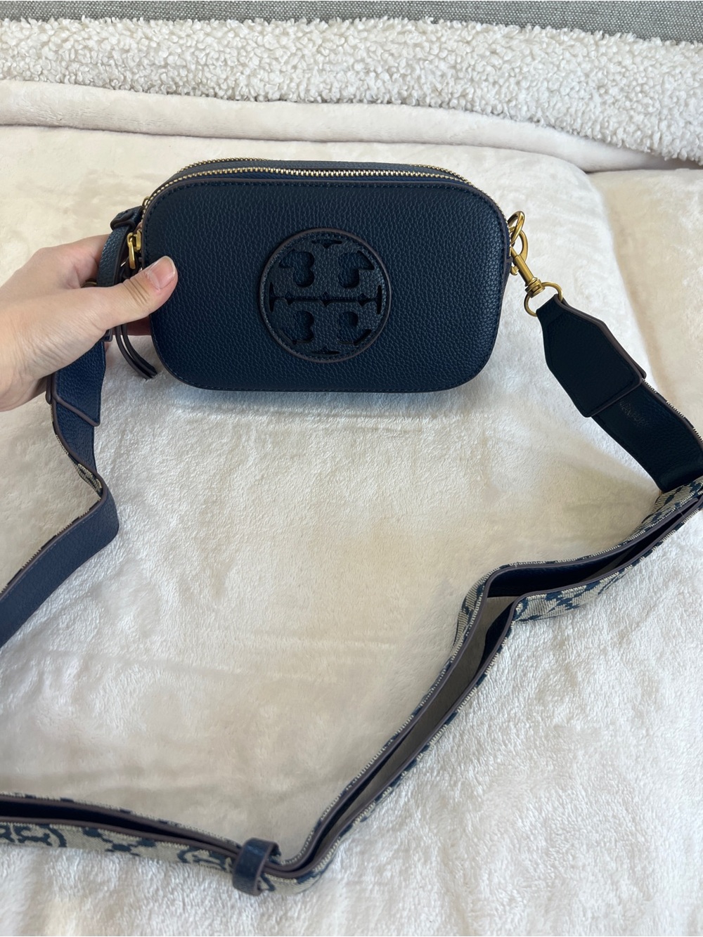 Tory Burch Navy Pebbled Leather Crossbody with Patterned Strap